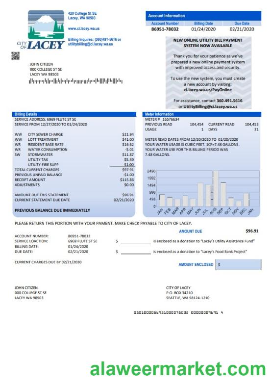 USA Washington City of Lacey water utility bill template in Word and PDF format (proof of address)